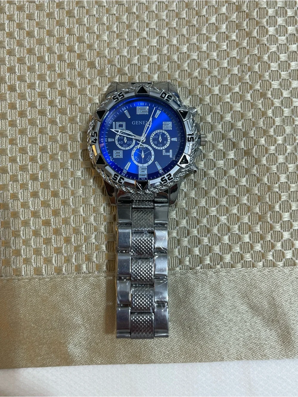 Geneva Silver-Tone Watch with Blue Dial and Subdials